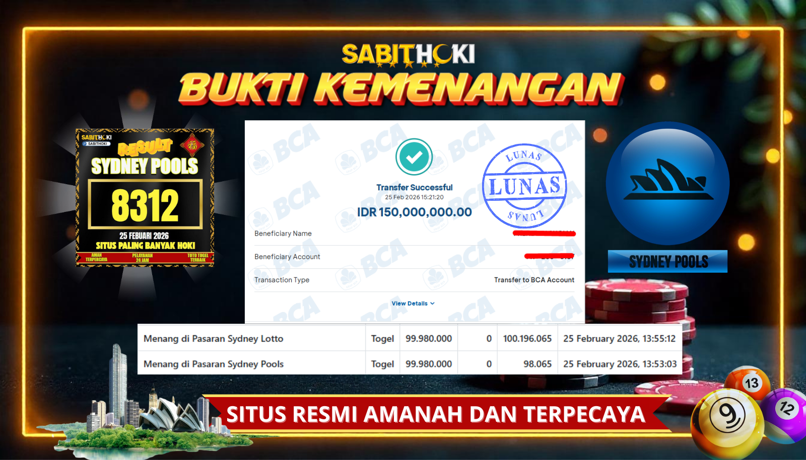 SELAMAT KEPADA MEMBER SETIA SABITHOKI BERHASIL JACKPOT DI TOGEL SYDNEY POOLS